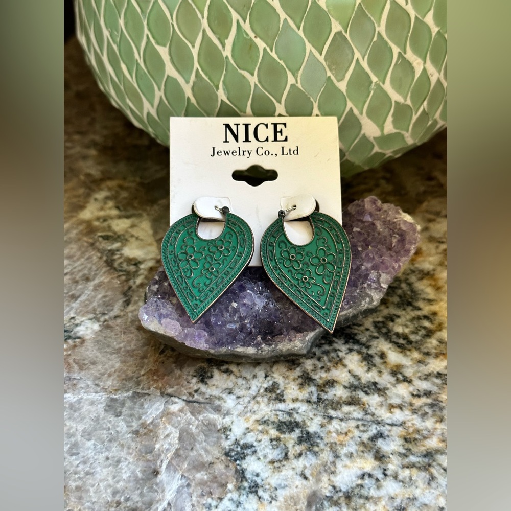 Silver Flower Matte Green Boho Earrings
